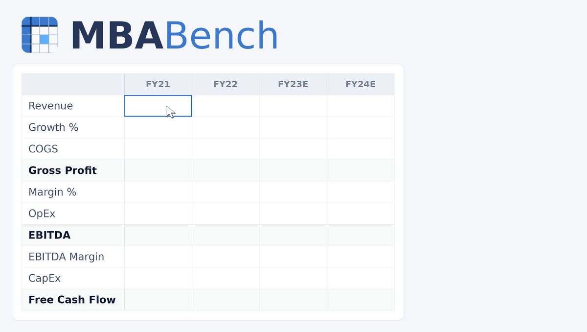 MBABench animation showing an end-to-end financial spreadsheet task.